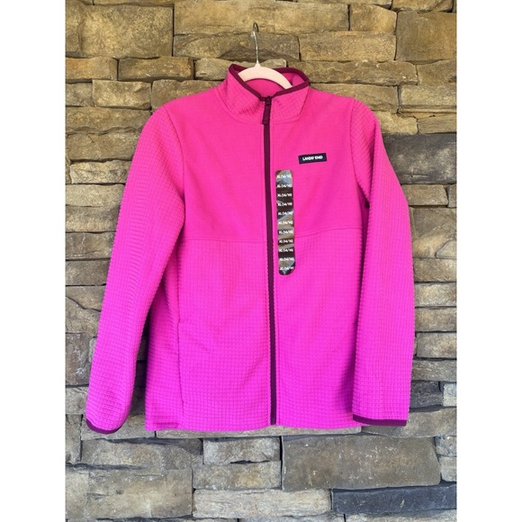 Lands' End Jackets & Blazers - Lands' End Fleece Jacket Girls XL 14-16‎ Red Full Zip Waffle Grid Blue Trim
